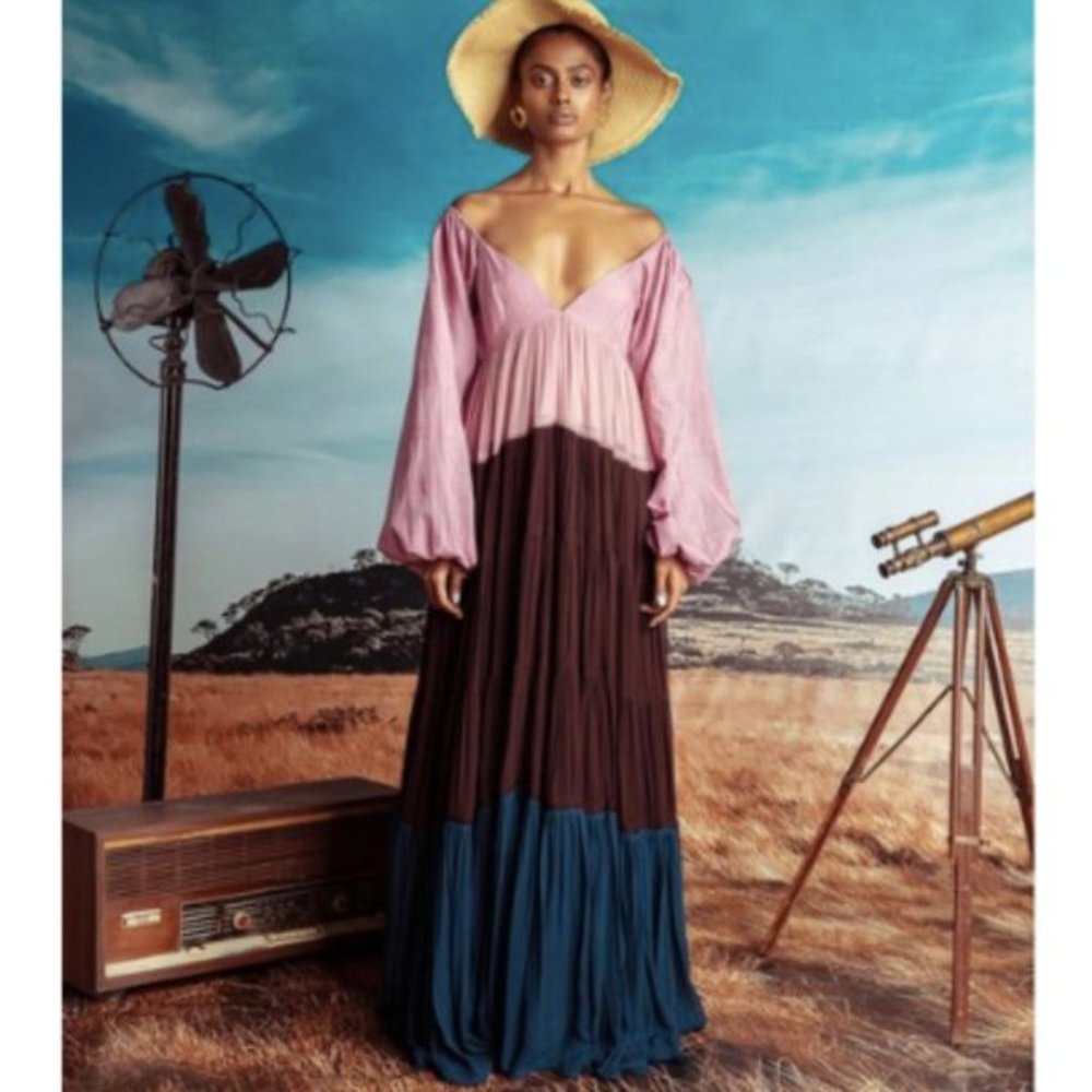 Anthropologie Nirmooha Puff Sleeve Color Block Pink Maxi Dress Women's Small New